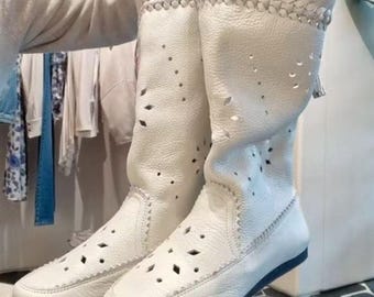 Handmade Boho Leather Boots Women Spring Summer Breathable Cutout Boots, Soft Comfortable Flat Shoes Gift for Her Mother's Day Gifts