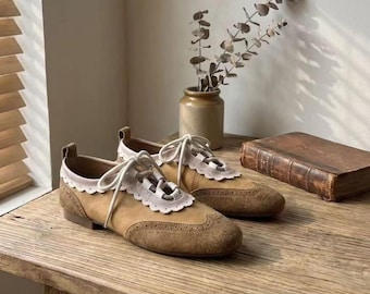 Handmade Women’s Ballet Flats Vintage Oxford Style Shoes Suede & Sheepskin Soft Breathable Comfort l Shoes, British Retro Luxury Footwear