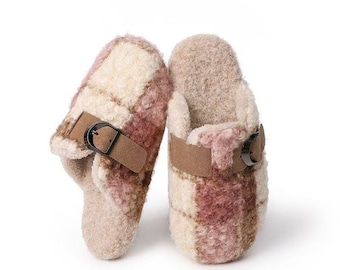 Couples Shearling Wool Slippers: Cozy Plaid House Shoes, Winter Gift
