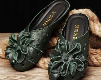 Handmade Leather Flower Mules Women Boho Slides Soft Sole Summer Sandals, Floral Slip On Shoes Comfortable Resort Shoes Gift for Her