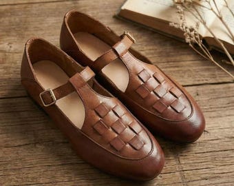 Zapatos Mary Jane de cuero hechos a mano para mujer, planos de primavera y verano, cómodos mocasines para uso diario, ideales para el trabajo, la escuela o el estilo urbano. Regalo perfecto para el Día de la Madre.