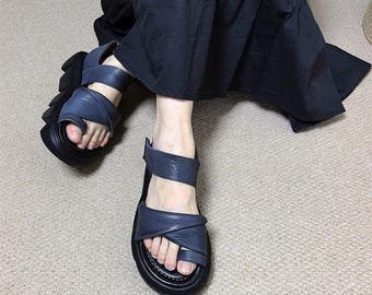 Sandalias de verano para mujer, hechas a mano, de cuero genuino: suela gruesa y cómoda, elegantes sandalias planas informales, ideales para caminar a diario.