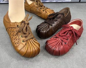 Handmade Leather Cowhide Loafers Women Cutout Flats Woven Shoes Soft Sole Comfort Footwear Vintage Lace Up Loafers Cottagecore Gift for Her
