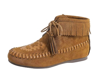 Handmade Suede Leather Moccasin Women Fringe Lace Up Boho Flats Comfortable Driving Shoes Gift for Her