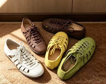 Handmade Leather Cutout Sandals Women Boho Lace Up Flats Summer Footwear Breathable Hollow Out Walking Shoes, Soft Sole Comfort Footwear