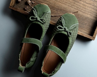 Handgemaakte suède Mary Jane flats dames boho geweven mocassins schoenen, vintage ballerina's, zacht leer comfortabel wandelschoenen