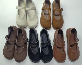 Ręcznie robione skórzane buty typu Mary Jane dla kobiet, wygodne, miękkie, płaskie buty z krowiej skóry, prezent na Dzień Matki dla mamy