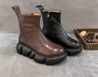 Handmade Platform Ankle Boots WomenGenuine Leather Chunky Sole Shoes Daily Wear Valentine’s Gift