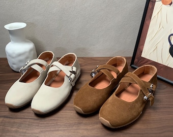 Handmade Suede Mary Jane Flats Women Boho Ballet Footwear Soft Sole Walking Shoes Cottagecore Yoga Practice Shoes Gift for Her