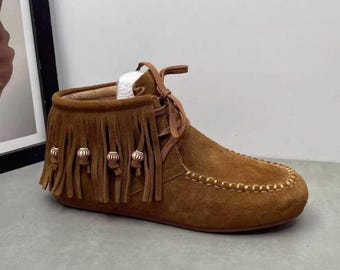 Handmade Suede Leather Moccasins Women Fringe Lace Up Shoes Flats Soft Cowhide Boho Boots Gift for Her