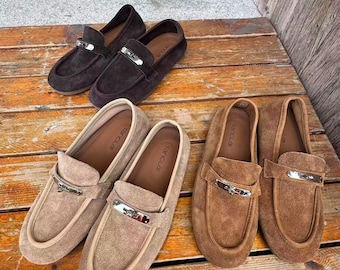 Handmade Suede Leather Moccasins Women Old Money Loafers Soft Sole Driving Shoes Vintage Penny Loafers Quiet Luxury Flats Boho Footwear