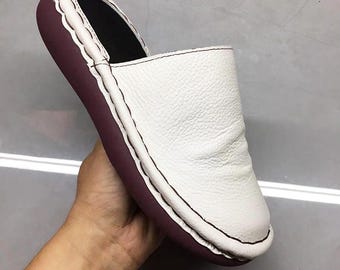 Handmade Genuine Leather Mules Unisex Soft Thick Non Slip Sole Slippers Minimalist Full Grain Leather House Shoes Gift for Him Her