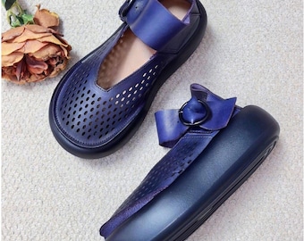 Handmade Cowhide Mary Jane Shoes Women Cutout Platform Loafers, Roman Fisherman Sandals Chunky Comfort Flats Summer Casual Shoes