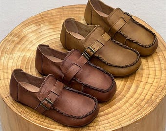 Handgjorda läderloafers för kvinnor, vintage-spänne, mockasiner med mjuk sula, slip-on, bekväma arbetsskor för bilkörning, mors dag-presenter