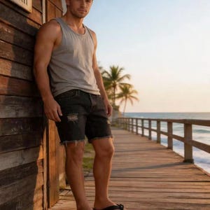 Puede incluir: Una persona con una camiseta sin mangas gris y pantalones cortos de mezclilla negros desgastados est&aacute; de pie en un paseo mar&iacute;timo de madera. La persona lleva chanclas negras. La palabra "SURF" es visible en un letrero de madera.