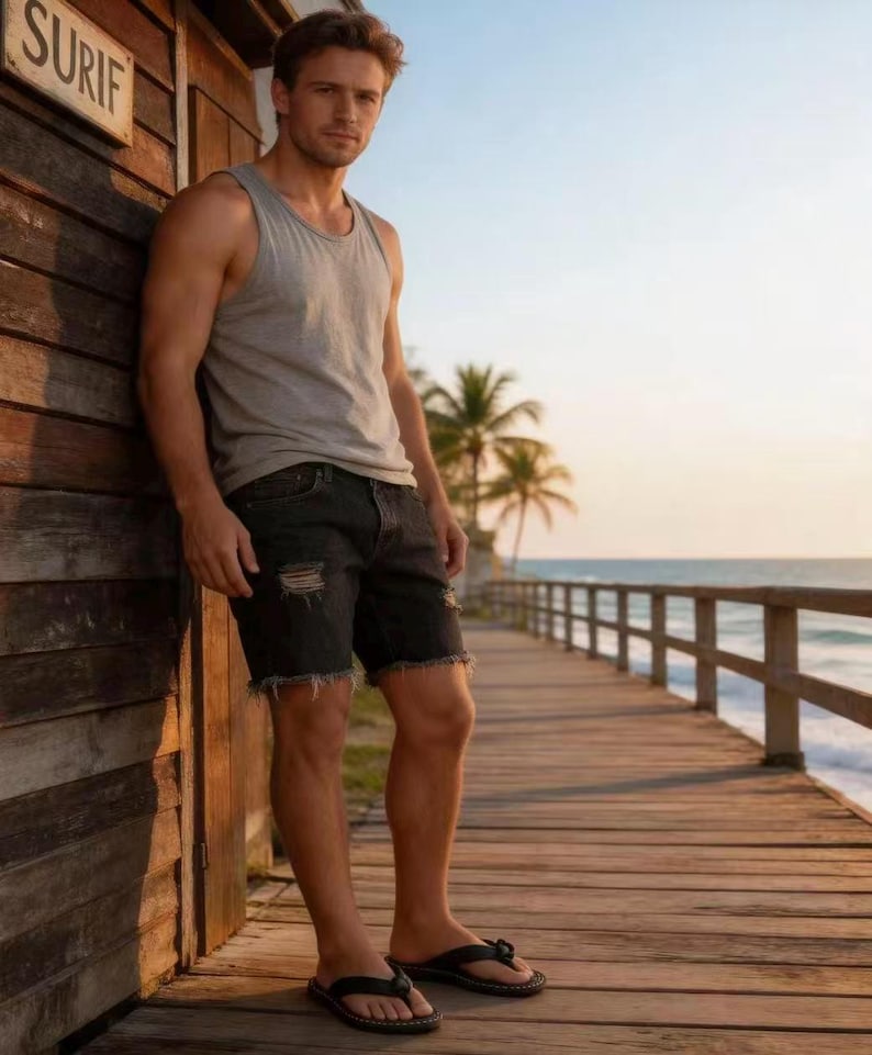 Puede incluir: Una persona con una camiseta sin mangas gris y pantalones cortos de mezclilla negros desgastados est&aacute; de pie en un paseo mar&iacute;timo de madera. La persona lleva chanclas negras. La palabra "SURF" es visible en un letrero de madera.