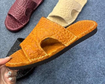 Sandalias de playa de cuero genuino para hombre, hechas a mano, estilo veraniego, sin cordones, calzado cómodo para exteriores, ideales para vacaciones y uso diario. Regalo perfecto para el Día del Padre.