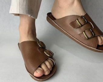 Handmade Full Grain Leather Slide Sandals, Unisex Double Buckle Slides, Soft Sole Minimalist Sandals Summer Luxury Comfort Shoes Gift