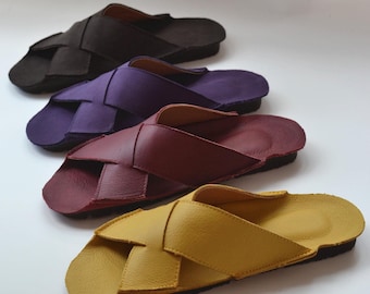 Handmade Cowhide Cross Strap Sandals Women Boho Leather Slide Slippers Soft Sole Summer Mules  Minimalist Old Money Slides Gift for Her