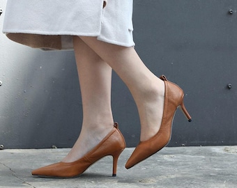 Handmade Leather Pointed Toe Heels, Brown Leather Pumps for Women, Office Work Shoes, Business  High HeelsFootwear, Mother’s Day Gift