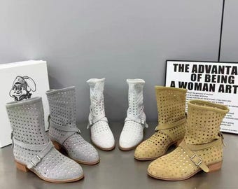 Handgefertigte Wildleder Boho Ausschnitt Ankle Boots Damen Atmungs Boho Mokassin Schuhe Frühling / Sommer Stilvolle Schuhe, Geschenk für Mama