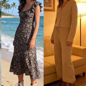 May include: A woman wearing a floral print midi dress with ruffle sleeves and lace-up boots. The other outfit is a beige knit cardigan and matching pants, paired with brown lace-up boots. The background shows a beach and a living room.