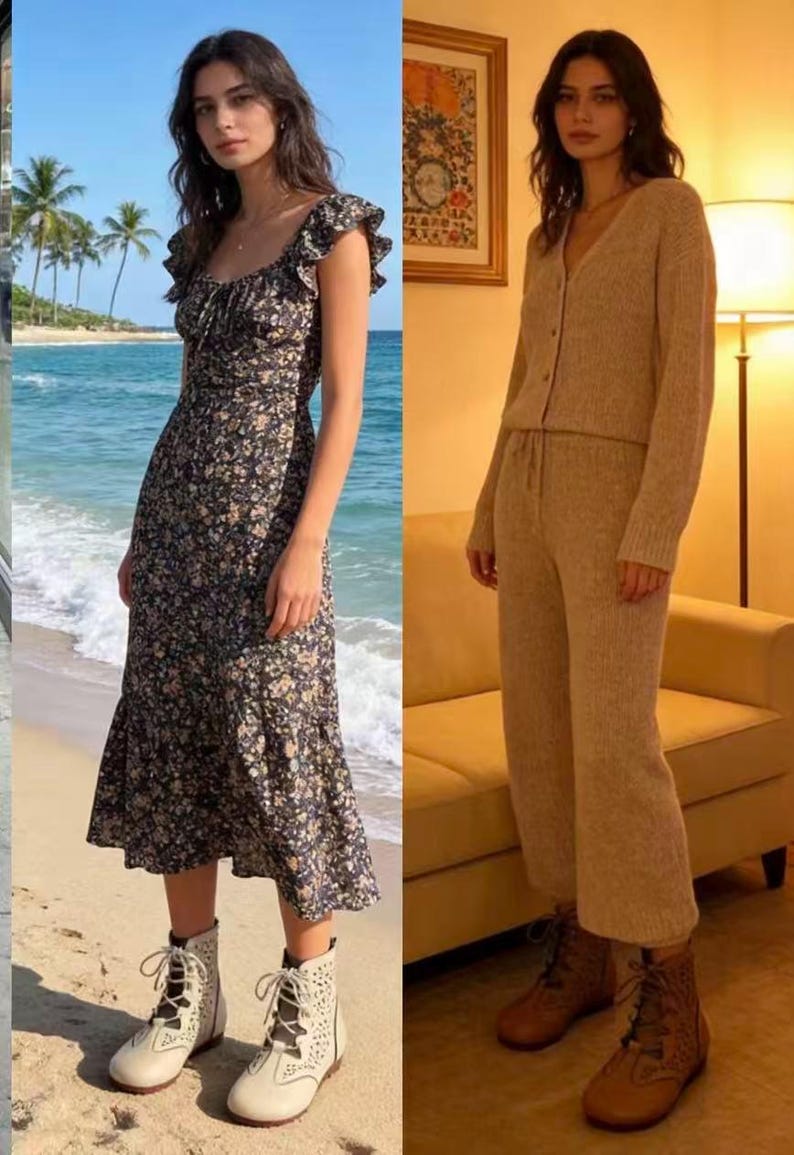 May include: A woman wearing a floral print midi dress with ruffle sleeves and lace-up boots. The other outfit is a beige knit cardigan and matching pants, paired with brown lace-up boots. The background shows a beach and a living room.