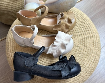Handmade Genuine Leather Women’s Flats Elegant Ruffle Detail Mary Jane shoes Comfortable Low Heel, Classic Vintage Footwear