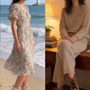 May include: A woman wearing a floral print dress and white ankle boots stands on a beach. The dress has short sleeves and a V-neck. The boots have a lace-up design. The background shows a lighthouse and the ocean.