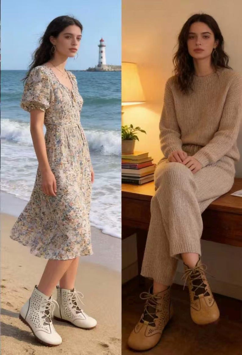 May include: A woman wearing a floral print dress and white ankle boots stands on a beach. The dress has short sleeves and a V-neck. The boots have a lace-up design. The background shows a lighthouse and the ocean.