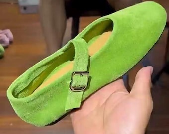 Handmade Suede Mary Jane Flats Women Colorful Leather Moccasin Shoes Soft Sole Ballet Flats Boho Cottagecore Comfortable Footwear