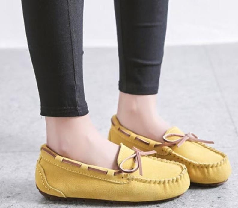 Handmade Leather Driving Loafers Women Suede Moccasins Soft Sole Flats Spring Comfortable Breathable Walking Shoes Mother's Day Gift Lemon Yellow