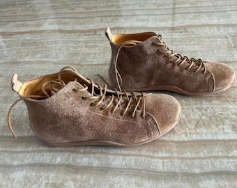 Handmade Suede Leather Barefoot Boots Women Mid Calf Hiking Shoes Lightweight Trekking Booties Minimalist Outdoor Camping Walking Footwear