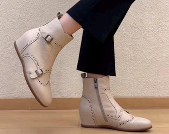 Handgemaakte schapenvacht enkellaarzen dames, slofjes zachte koeienhuid sleehak, chelseaschoenen Britse stijl, casual werkschoenen, Moederdagcadeau