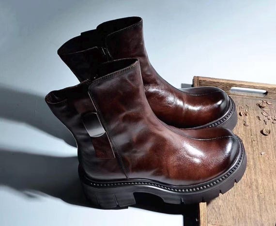 Handmade Vintage Leather Platform Boots: Chunky Sole Punk Shoes