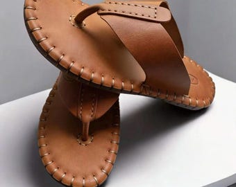 Handmade Leather Flip Flops Slippers, Unisex Beach Sandals, Waterproof Non Slip Summer Thong Sandals, Old Money  Father's Day Gifts