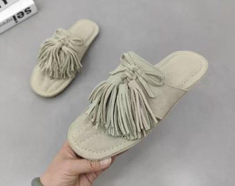 Sandalias bohemias de gamuza hechas a mano para mujer, pantuflas de cuero con flecos, mules de suela suave para resort, zapatos de vacaciones, regalo para novia