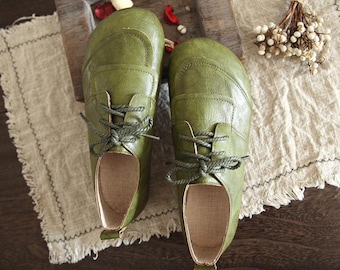 Scarpe Oxford da donna in pelle verde fatte a mano, stile vintage britannico, stringate, comode scarpe casual, regalo per la festa della mamma.