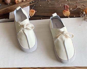 Handmade Soft Leather Loafers Women Minimalist Lace Up Flats, Breathable Cowhide Shoes, Comfortable Walking Driving Shoes, Gift for Mom