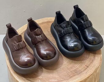 Handmade Leather Velcro Loafers Women Comfortable Slip On Shoes Soft Cowhide Platform Footwear, Mother’s Day Gift
