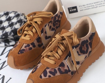 Handmade Leopard Sneakers Women Suede Retro Running Sport Shoes, Comfortable Walking Sneaker, Spring Travel Shoes, Mothers Day Gift