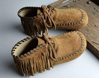 Handmade Suede Fringe Ankle Boots Women Genuine Leather Tassel Chelsea Boho Cowhide Shoes