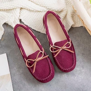 Handmade Leather Driving Loafers Women Suede Moccasins Soft Sole Flats Spring Comfortable Breathable Walking Shoes Mother's Day Gift Burgundy