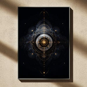 Könnte beinhalten: Gerahmter Kunstdruck mit einem abstrakten Design in Gold und Weiß auf schwarzem Hintergrund. Das Kunstwerk zeigt eine zentrale kreisförmige Form mit strahlenförmigen Linien und Punkten, die ein himmlisches oder spirituelles Thema hervorrufen.