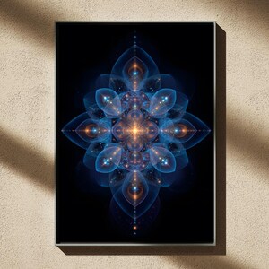 May include: A framed art print featuring a symmetrical, abstract design. The artwork showcases a central, glowing orange core, surrounded by layers of blue and orange petal-like shapes against a black background. The design has a fractal appearance.