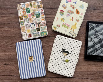 Capa magnética removível Kobo, transparente, para Kindle, com dupla camada de ímãs, estampa fofa de colagem de arte com listras de gato e pato. Ideal para presentear.