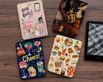 Capa fofa para Kindle e Kobo, capa traseira transparente removível com fecho magnético, capa para e-reader com tema de Halloween para amantes de livros e comida, função de ativação/desativação automática.