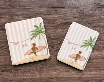 Pastel Beach Monkey Kindle & Kobo Case – Surfboard Surf Aesthetic, Pink Striped Palm Tree Summer E-Reader Protective Cover