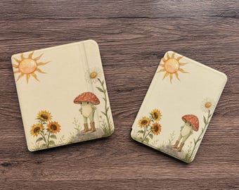 Capa fofa de sapo para Kindle e Kobo, capa traseira transparente magnética removível, capa para e-reader com estampa de cogumelos e girassóis em estilo cottagecore, função de ativação/desativação automática.