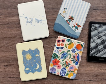 Capa para Kindle e Kobo, capa transparente removível com fecho magnético para e-reader, estampa tropical de praia, sol e lua, e animais fofos.